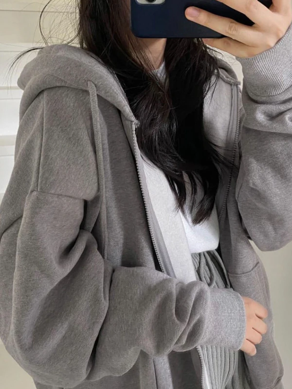 

Loose Thickened Pure Color Cardigan Coat Women's Long Sleeve Hoodie Street Style Polyester Fiber Casual Outerwear