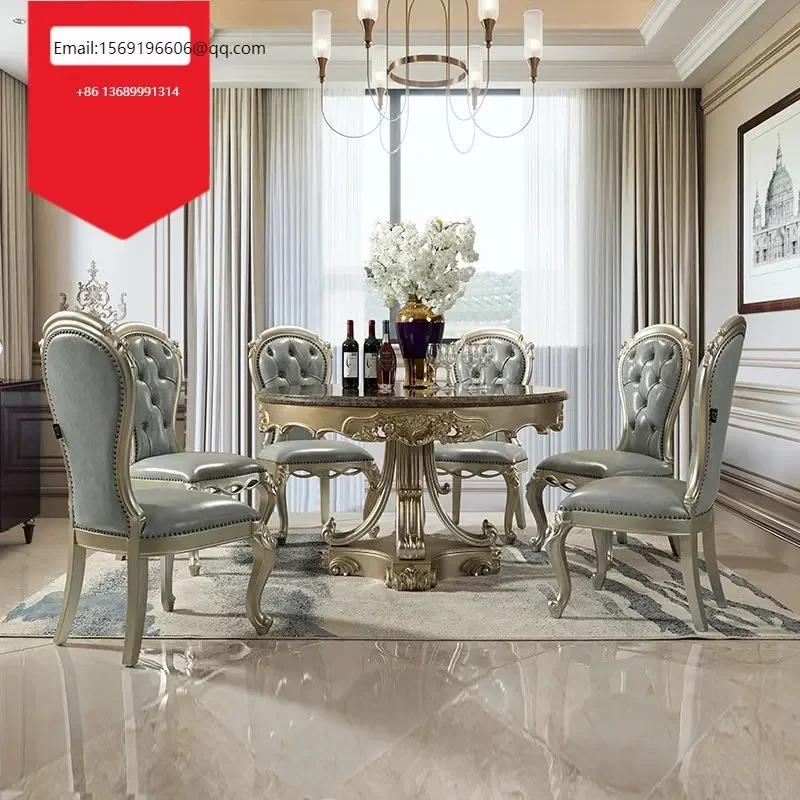 

European round table American solid wood marble French light luxury restaurant furniture leather dining chair carving luxurious