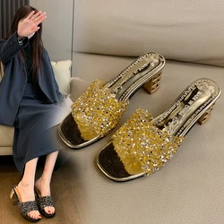 Fashion Show Sexy Sandals Golden Shining Slippers Woman Novelty Slip-On Silk Square Heel Japanese Style Party Prom Women Shoes