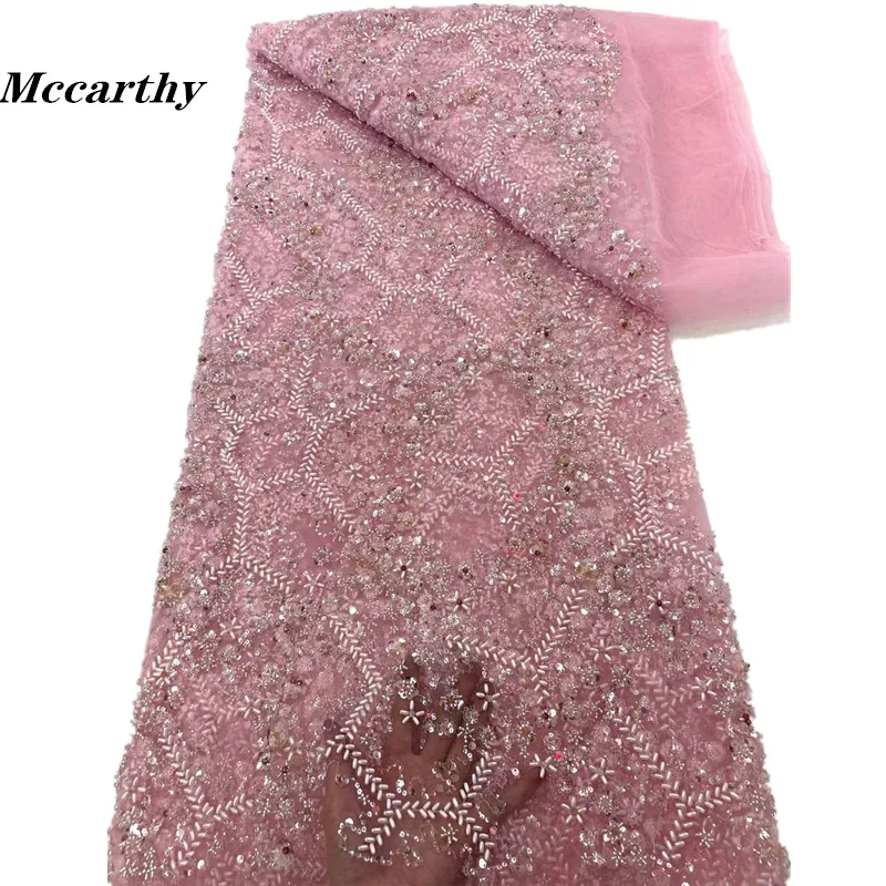 

2023 Latest African 3D Pink Lace Fabric Dubai Sequins Beads Tulle Lace Fabric Embroidered Applique Nigerian Fabric For Sewing