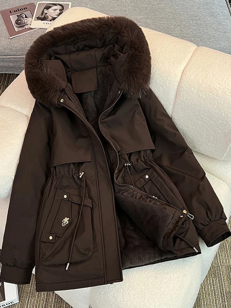 Women's Short Thickened Fleece Lined Cotton Jacket Winter New Style Commute Simple Style Loose Fit Zipper Pocket Hooded Coat