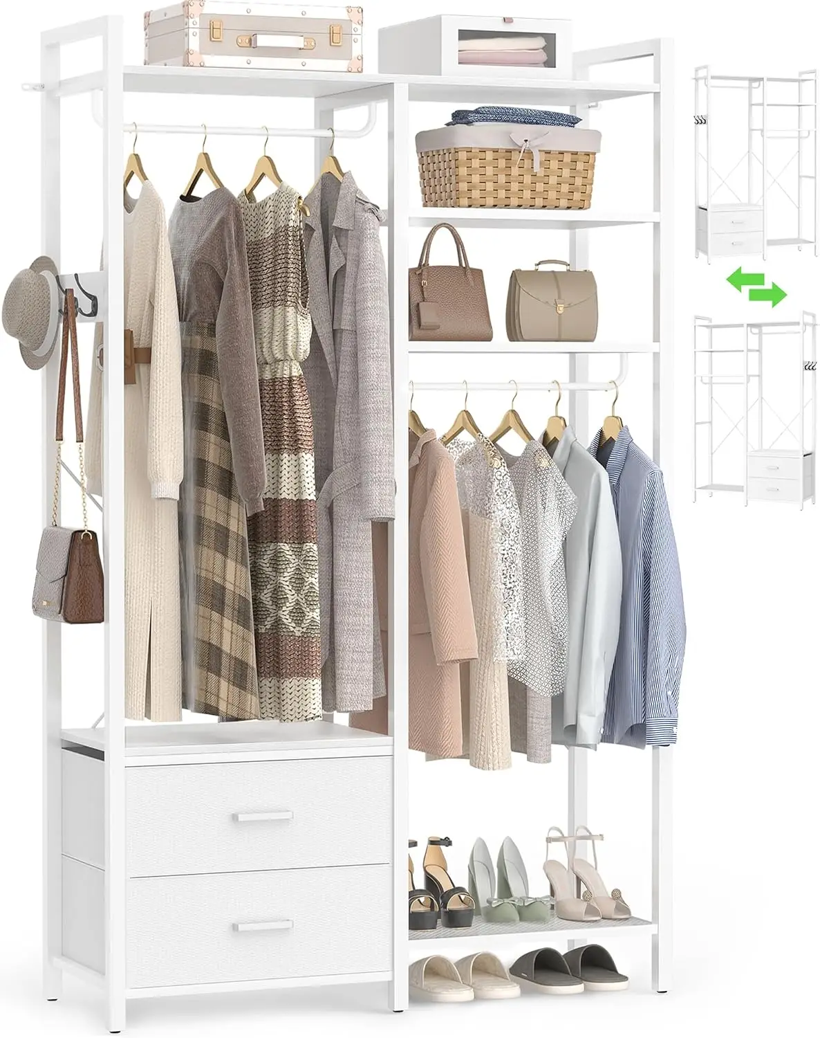 Freestanding Clothes Rack With Shelves, Heavy Duty Portable Closet Wardrobe System, Reversible Garment Rack With Storage Drawers And Hanging Hooks For Bedroom Cloakroom, White