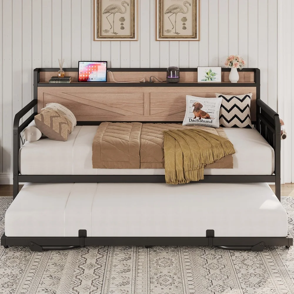 Twin Daybed with Pop Up Trundle & Charging Station & Storage Shelf