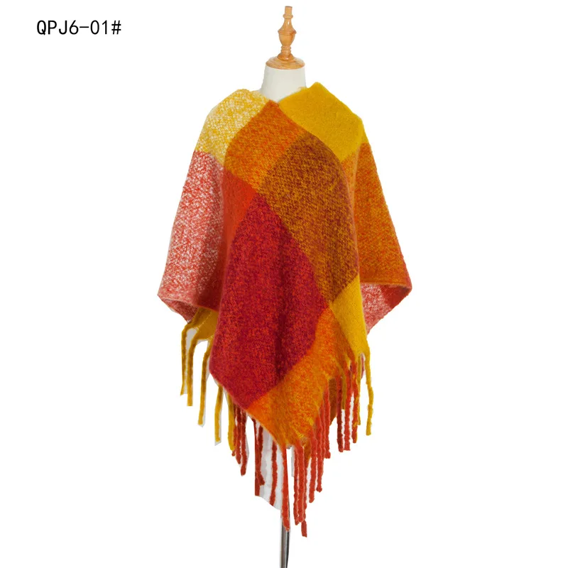 

Europe United States 2024 new Autumn Winter Women's Shawl Coarse Tassel Loop Yarn Large Lattice Warm Capes Lady Ponchos