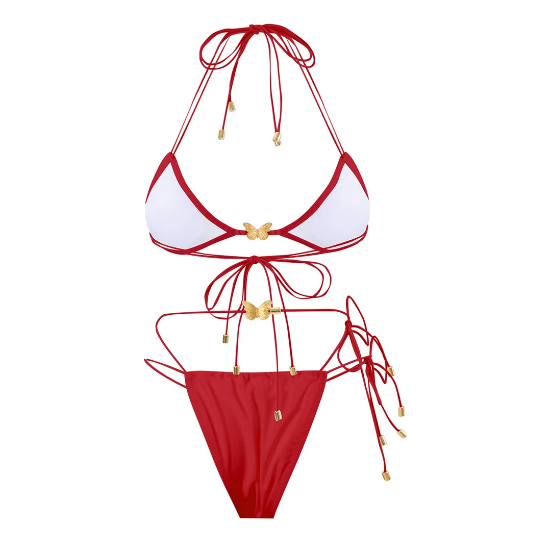 Metall-Schmetterlings-Halterneck-Bikini mit hohem Beinausschnitt, zweiteiliger Damen-Bikini, Badeanzug, Badebekleidung, Badeanzug, Schwimm-Bikini V6460 – Detail 24