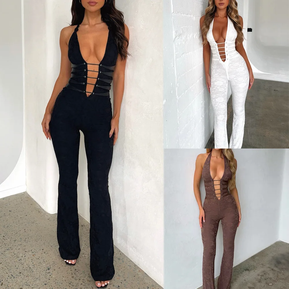 

BKLD New Sexy Y2k Clothes Women Lace-Up Open Back Slim Fit Jumpsuit Perspective Lace Long Pants One Pieces Jumpsuits Solid Color