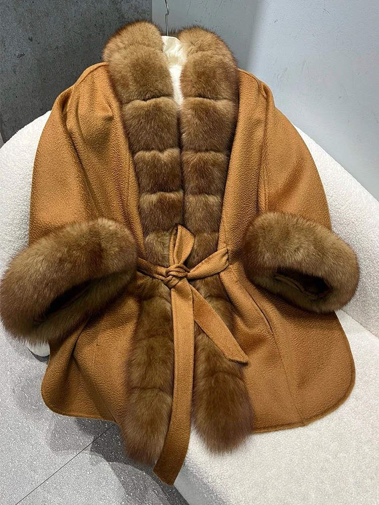 Hand Make Women Soft Big Fox Fur Collar Loose Lady Autumn Woolen Cape Camel Thick Real Fox Fur Cloak Coat