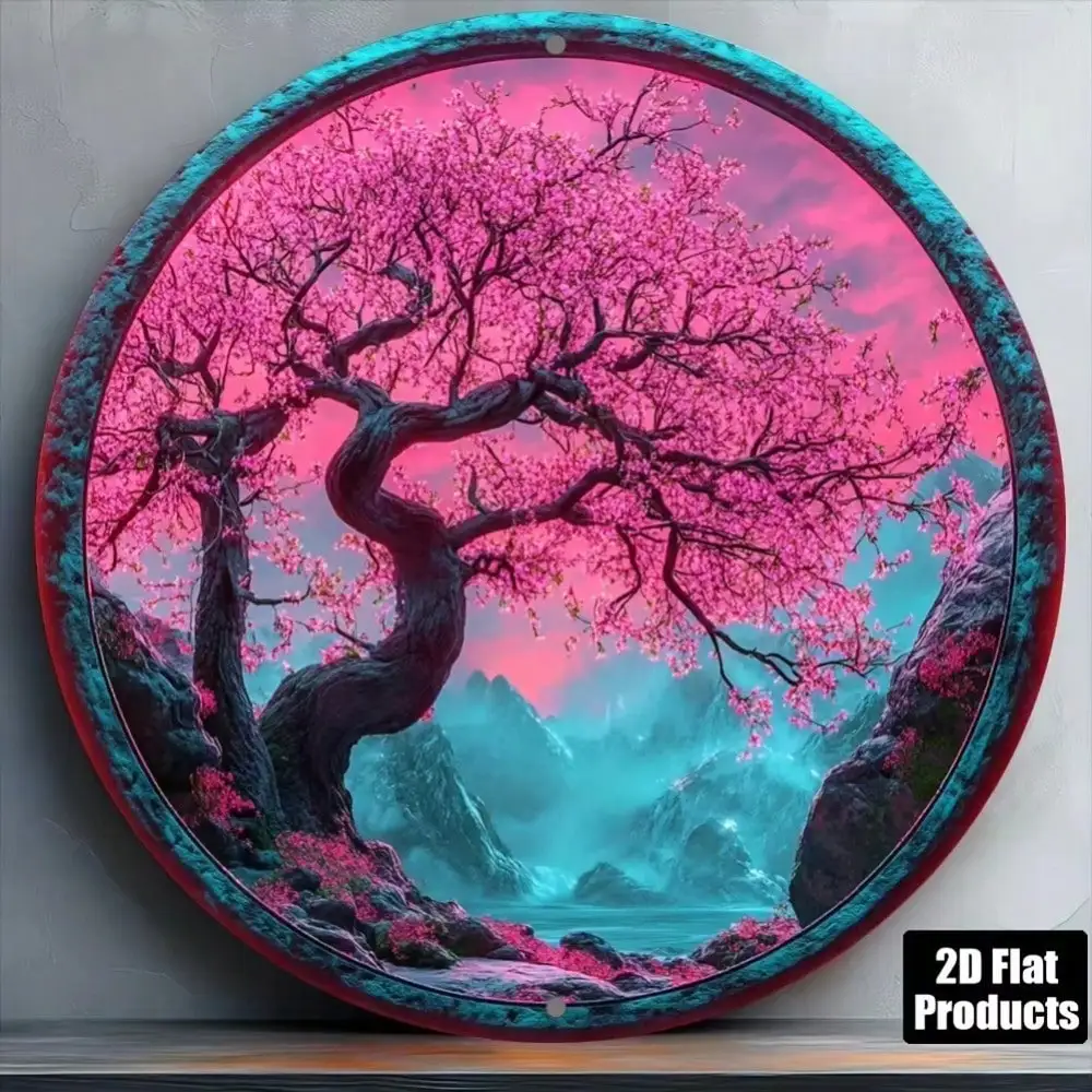 CIFBUY VIVI Round Metal Wall Art Iron Cherry Blossom Sign Vintage Pink Decor For Home Bar Kitchen Cafe 8x8 Inch Tin Poster