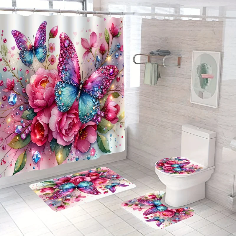 1/4pcs Pink Glitter Flower Set, Elegant Butterfly Shower Curtain with 12 Hooks, Non-Slip Bathroom Carpet