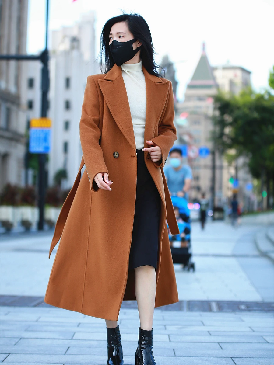 

Handmade Double-Faced Camere Wool Long Coat Women's Ele Commute Slim Fit Tweed Jaet Pure Color Suit Collar Belted