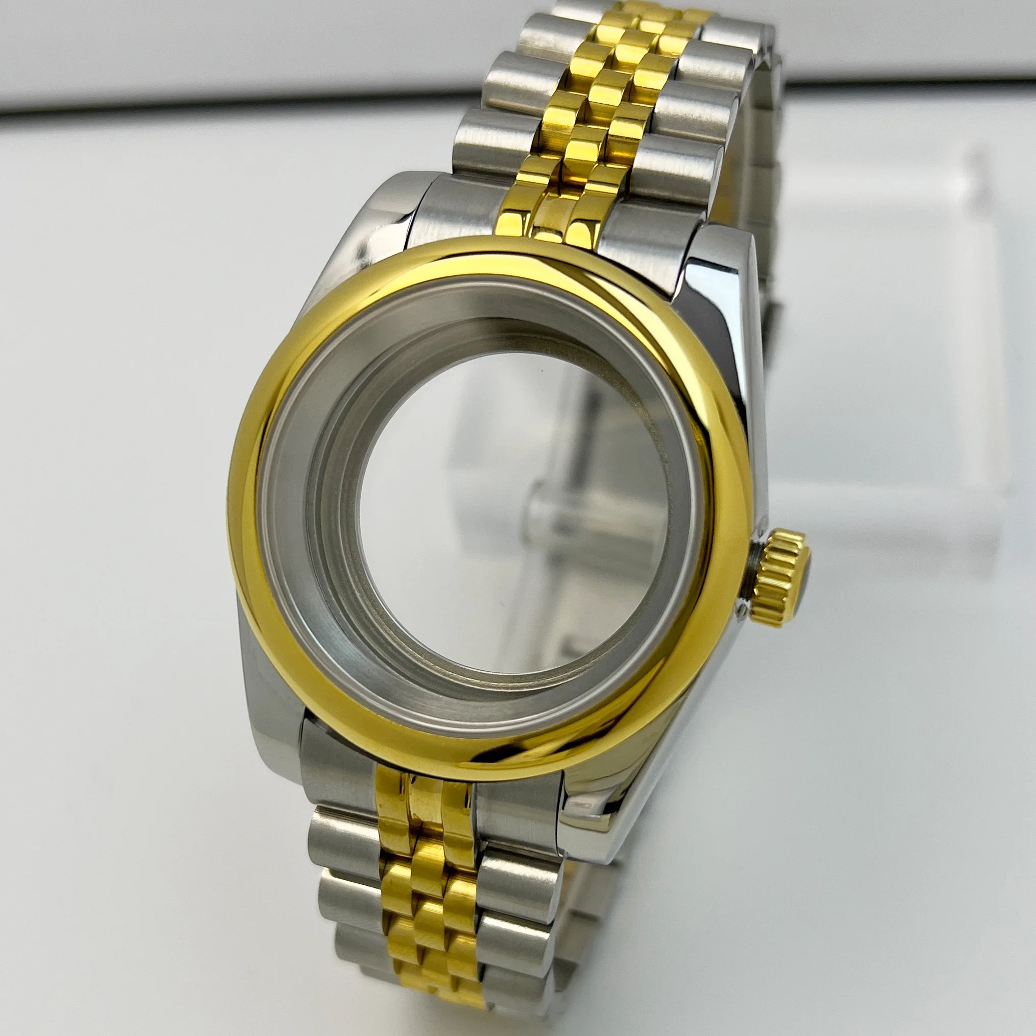 DJ NH35 Case R Bezel Yellow Gold 2 Tone Sapphire Glass SK Mod DJ Modification Parts Fit NH35 NH36 Movement Steel Watch Caseb