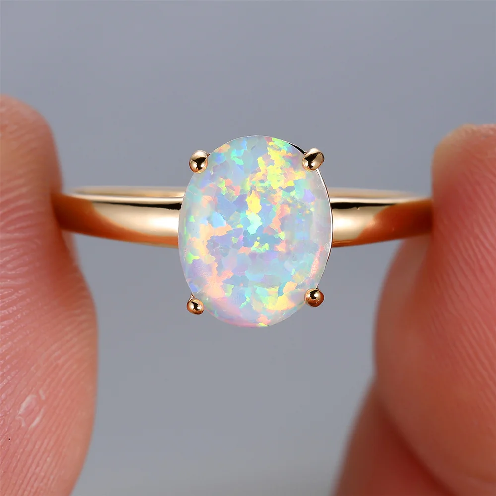 Cute Female White Fire Opal Stone Engagement Ring Yellow Gold Color Summer Wedding Jewelry For Women