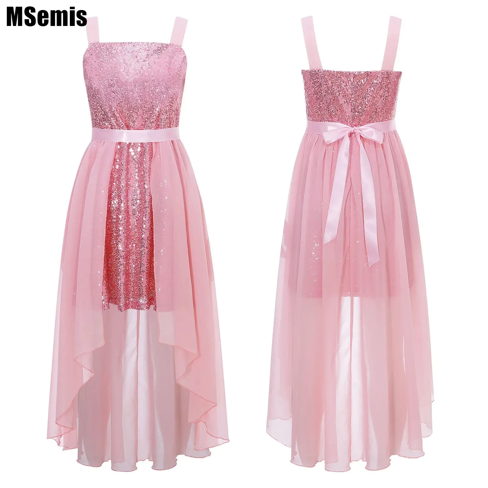 

Kids Girls Princess Dress Shiny Sequin Sleeveless Semi-Fixed Chiffon Skirt with Satin Sash for Wedding Birthday Party