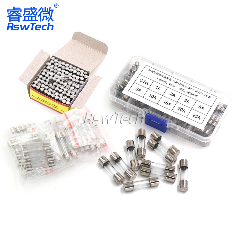 5*20 glass fuse fuse 250V 0.5 1 2 3A 4 5A 6 8 12 20 10A Quick Blow Glass Tube Fuse Assorted Kits Fast-Blow Glass Fuses