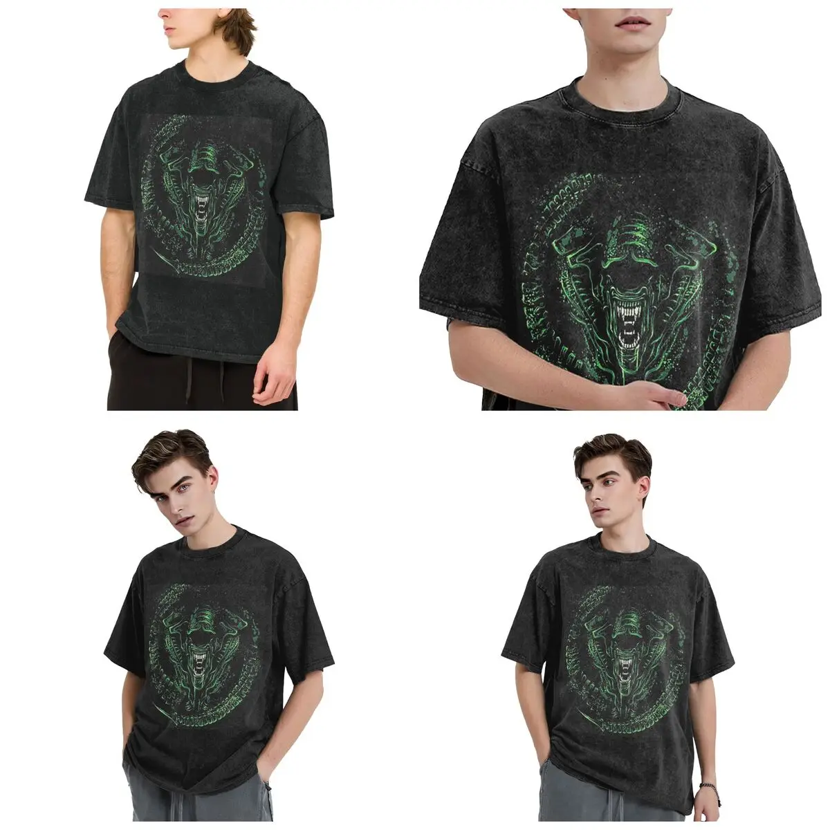 Streetwear T-Shirts FaceHugger Alien Xenomorph Shoulder Washed T Shirt Short Sleeve Hip Hop T-Shirt Tops Tees for Men Women