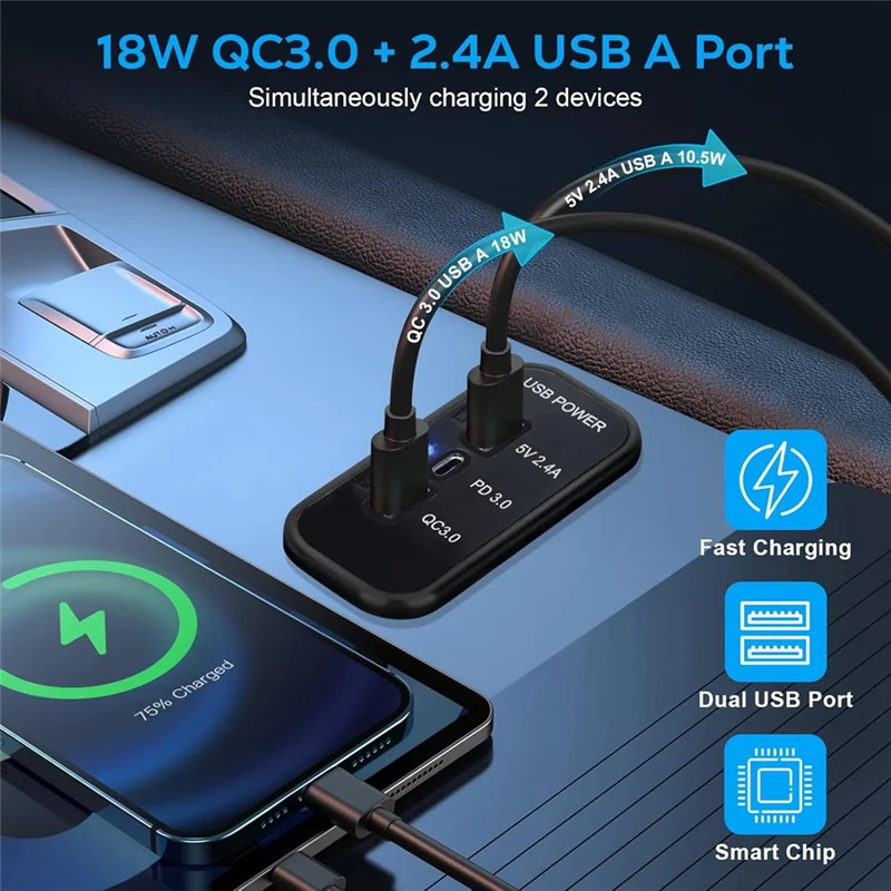 -A89Z شاحن منفذ USB 3 منافذ 12 فولت، PD3.0 نوع C، QC 3.0 USB A & 2.4A USB A محول مقبس شاحن سريع للسيارة البحرية