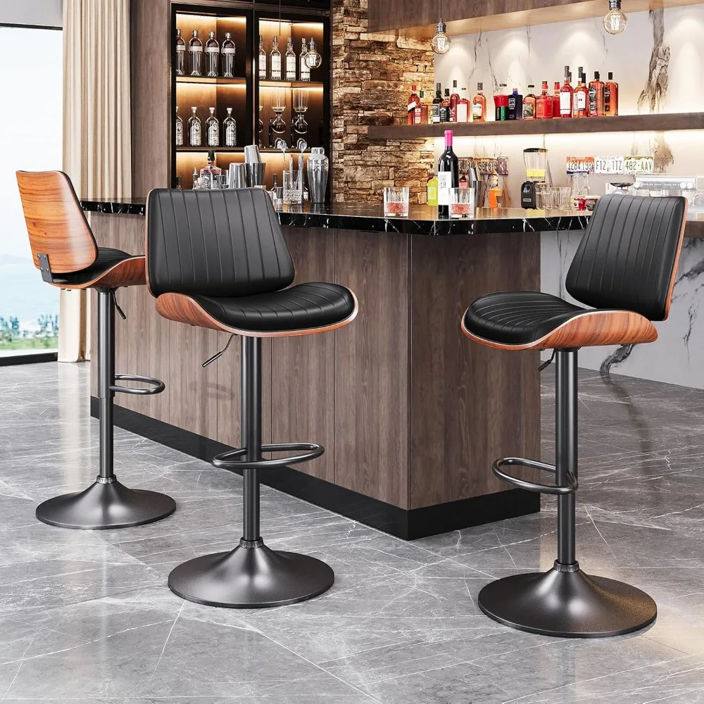 Bar Stools Set of 2, Bar Stools for Kitchen Island with Bentwood Back and Leather Seat, Swivel Bar Stools