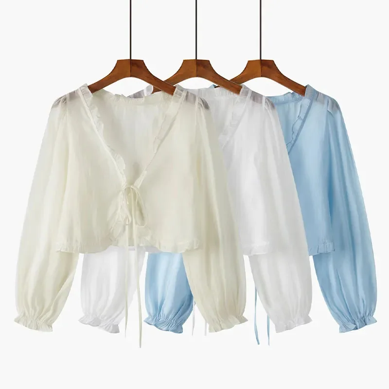 Xpqbb Solid Color Long Sleeve Chiffon Blouse Woman Summer Thin Ruffles Sunscreen Shirt Women Cropped Lace Up See Throug Cardigan