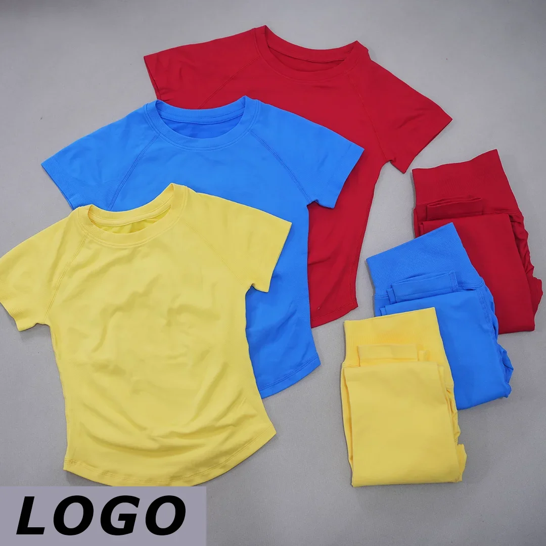 DF-LOGO Women 2Pcs Seamless Yoga Outfit Short Sleeve Slim Top High Waist Leggings Quick Dry Breathable Gym Running Fitness Train