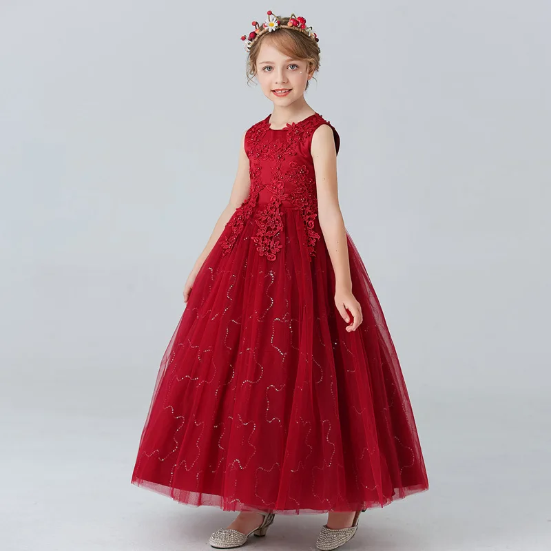 4-14 year old girl\'s party dress sleeveless mesh embroidery Festival Party communion Party Princess Dress Sequin long dress