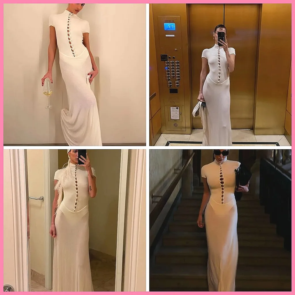 Women's Sexy Hollow Out Pearl Button Turtleneck Dress 2026 Slim See Through Maxi Dress for Holiday