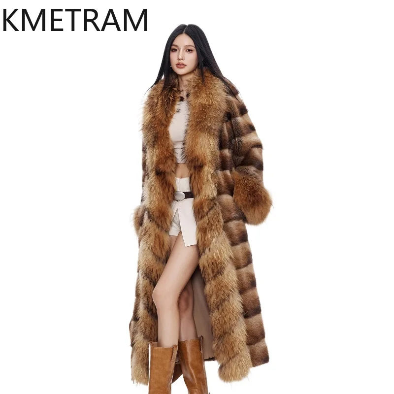 KMETRAM Naturale Muskrat Cappotto di Pelliccia Donna di Lusso Lungo Vera Giacca di Pelliccia di Cane Procione Collo di Pelliccia Cappotti Invernali Abbigliamento Donna 2025 шу pia