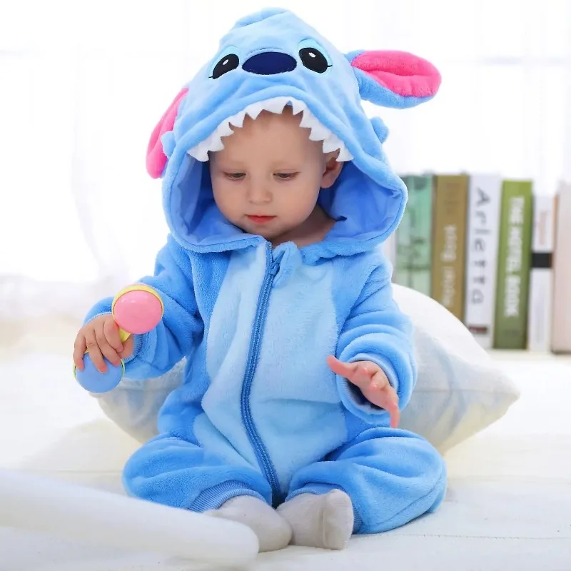 Kawaii Stitch Infants and young children jumpsuits  anime children Flannel thickening Home Furnishings Animal crawling clothing