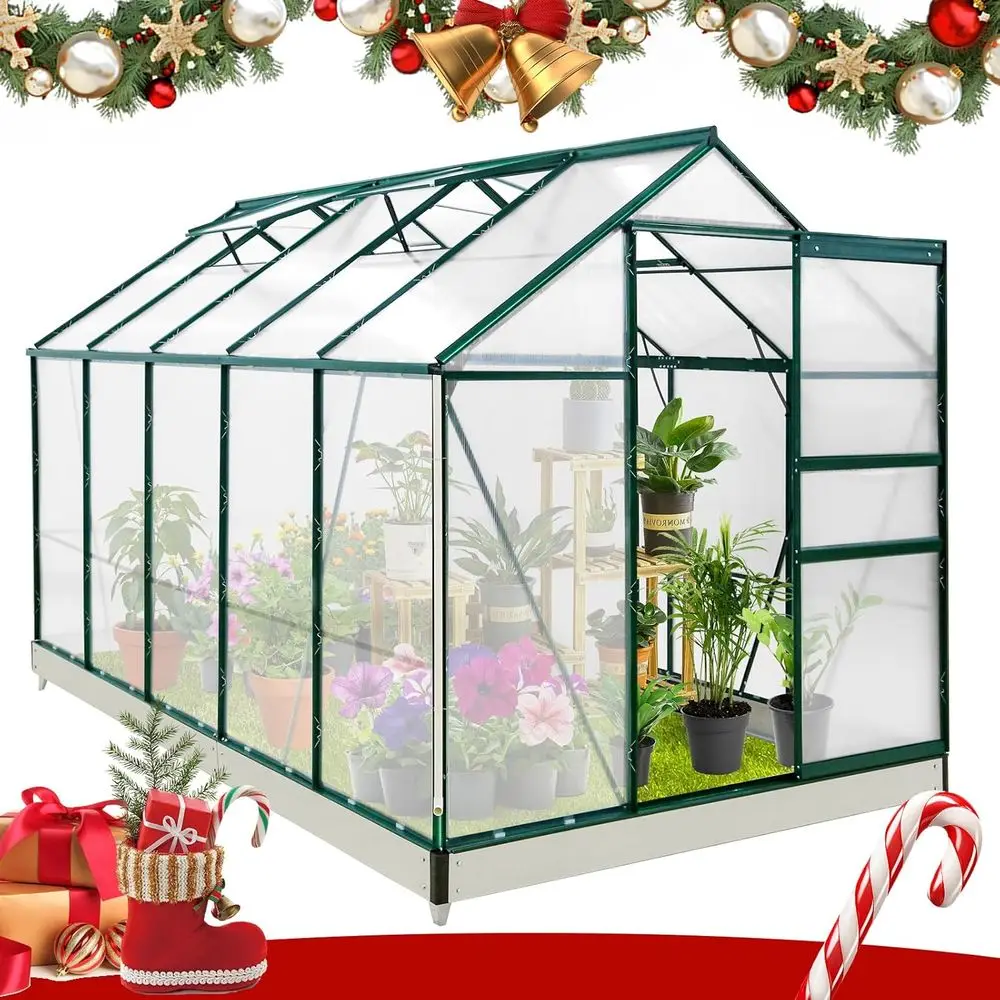 

10ft x 6ft x 7ft Dark Green Polycarbonate Aluminum Walk-in Greenhouse with Roof Vent, Gutter, Base, and Anchor for Backyard Gard