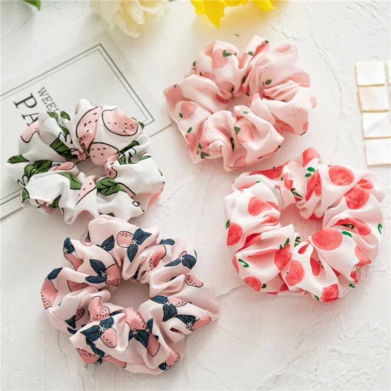 Peach Fruits Hair Bands Floral Scrunchies for Women Hair Accessories Elastic Headwear Rubber Nylon Hair Rope Sweet Girl Headwear