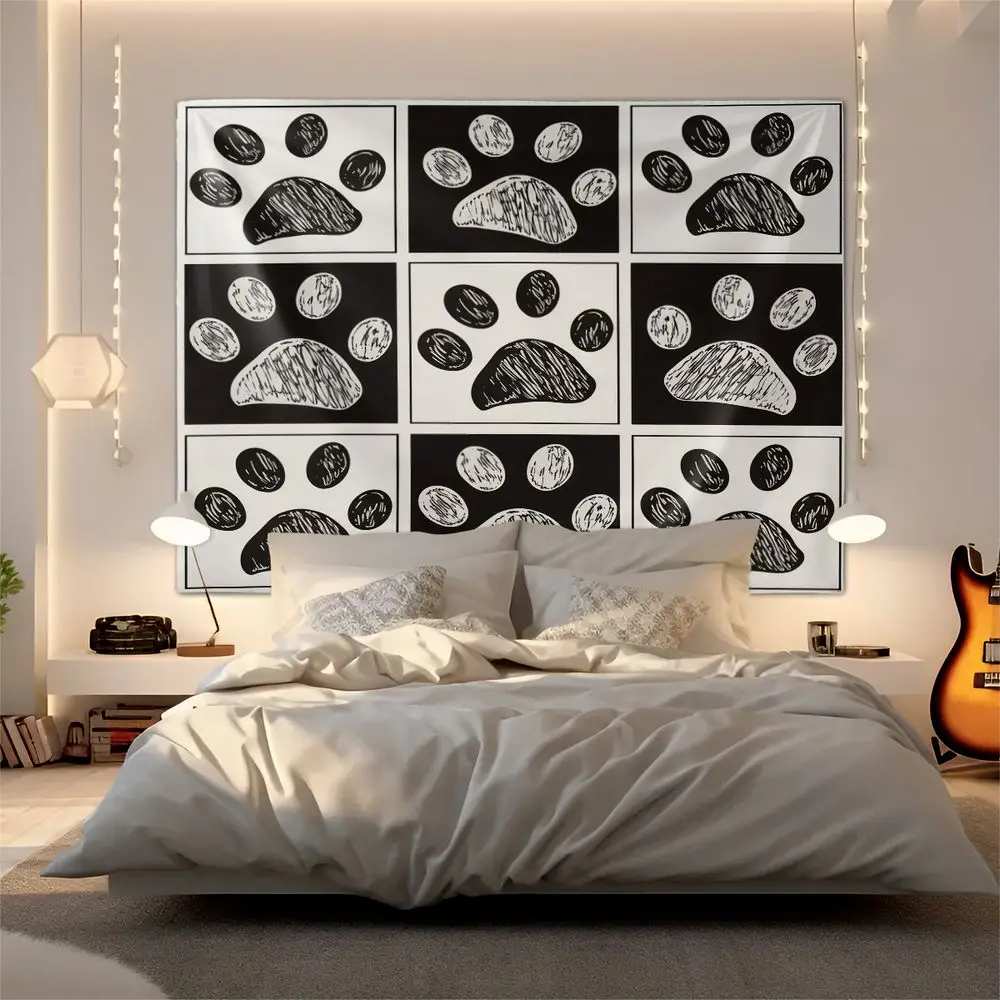 Black and White Paw Print Tapestry Wall Hanging Dog Cat Footprint Art Digital Print Home Decor Bedroom Backdrop