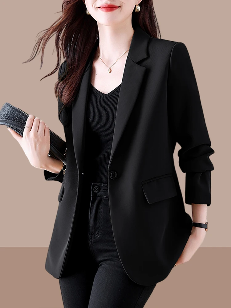 

Women's Casual Black Suit Jacket Fall 2024 New Style Small Size Slim Fit Spring Autumn High-End Feeling Commute Style Long Sl...