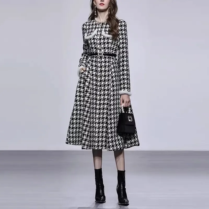 

Fall/winter Women New Houndstooth Mink Hair Woolen Coat Fashion Long Narrow Waist Big Swing Skirt Tweed Temperament Female Coat