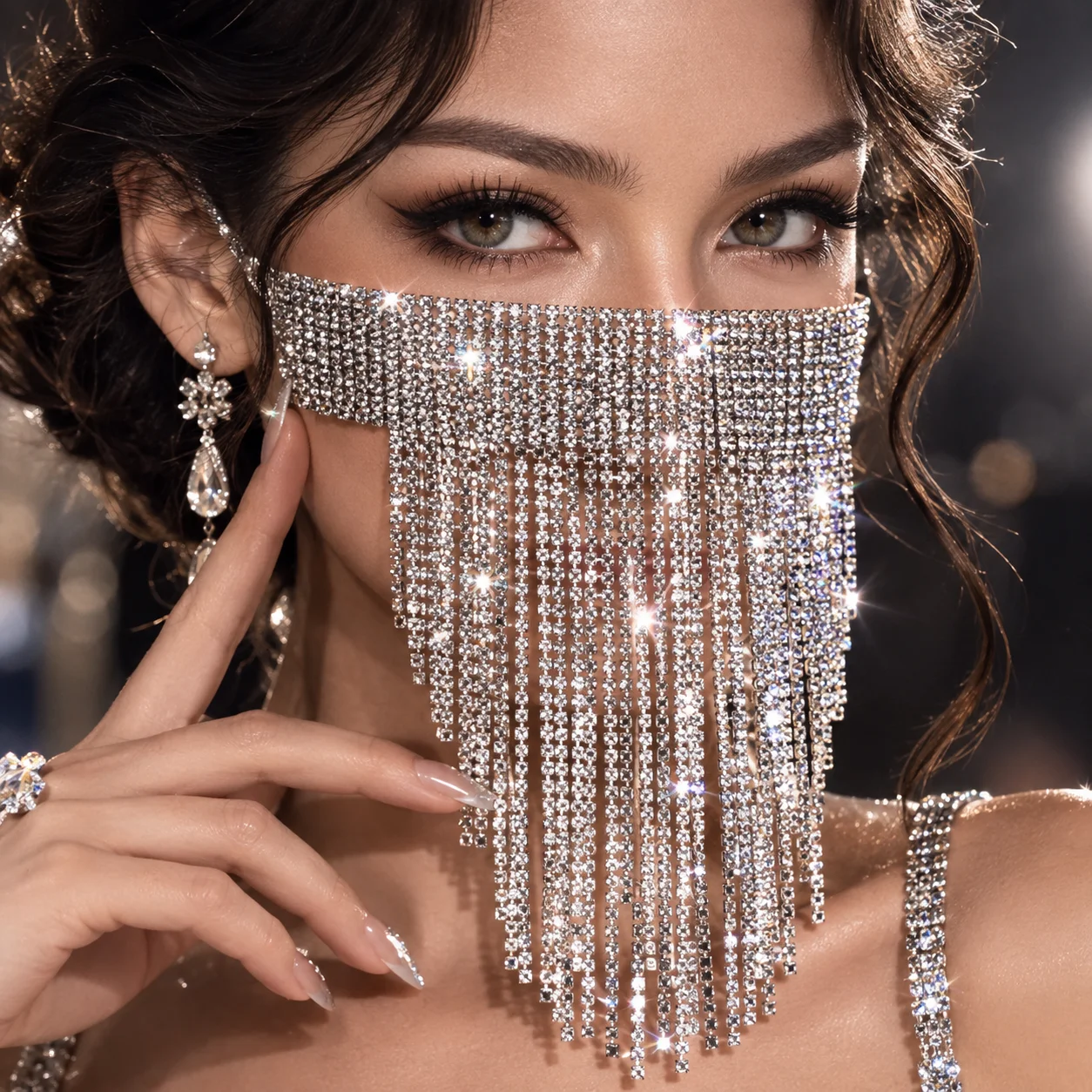 Stylish Irregular Ultra-Sparkly Rhinestone Tassel Veil Mask – Women's Party & Rave Accessory Halloween