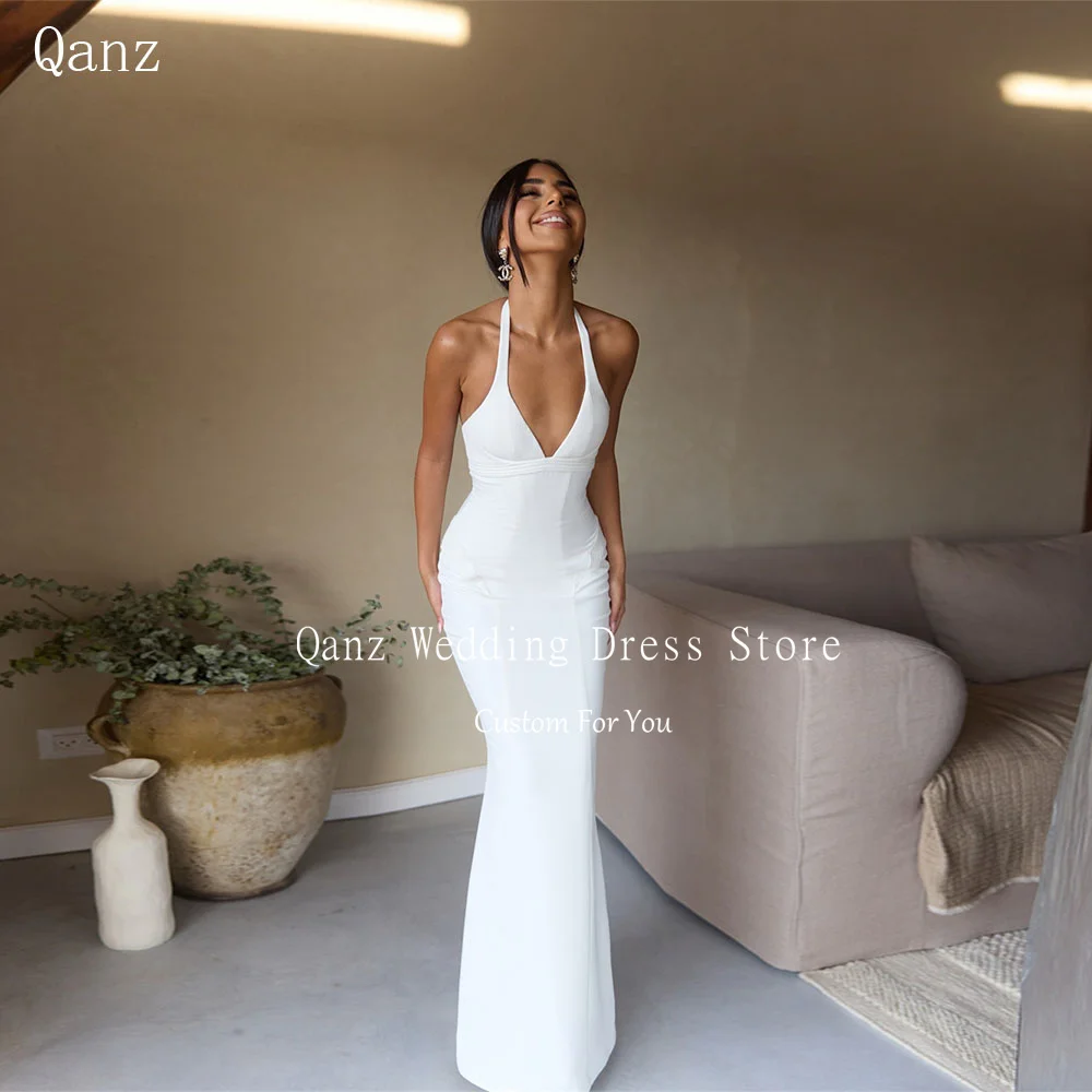 ชุดแต่งงานผ้าซาตินสีขาวแบบคอวี คอ halter ทรงเมอร์เมด  ชุดเจ้าสาวสมัยใหม่  ชุดแต่งงานแบบเรียบง่าย  รับตัดตามสั่ง