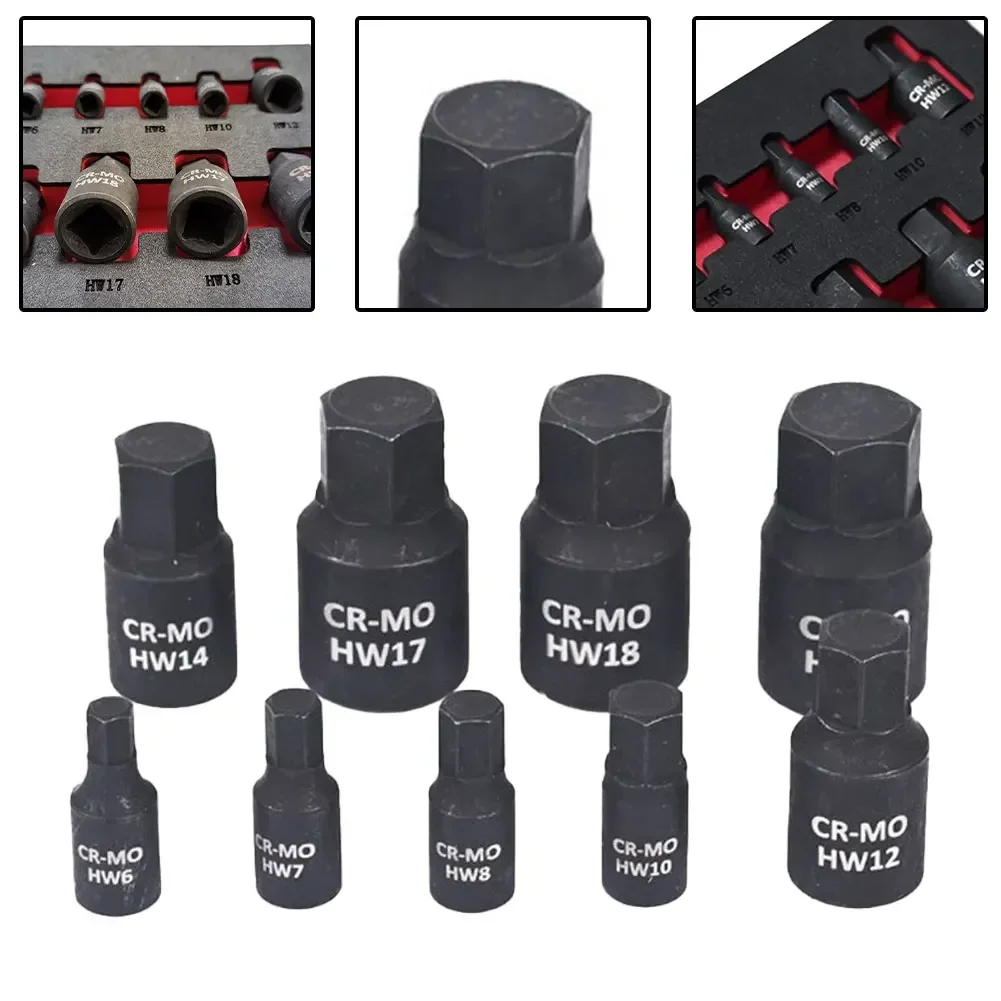 9pcs Hexagon Screwdriver Sockets H6 H7 H8 H10 H12 H14 H17 H18 H19 Hex Bits Nut Driver Sockets 1/4inch 3/8inch 1/2inch Hex Shank