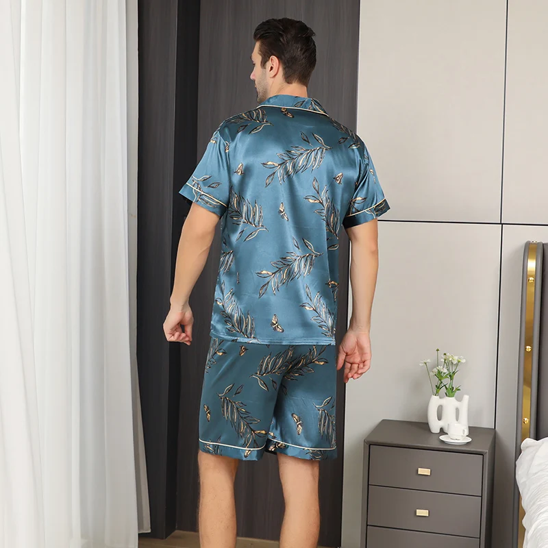 Men\'s pajamas short sleeved summer ice silk home clothing men\'s summer casual thin cardigan can be worn as a set home clothing