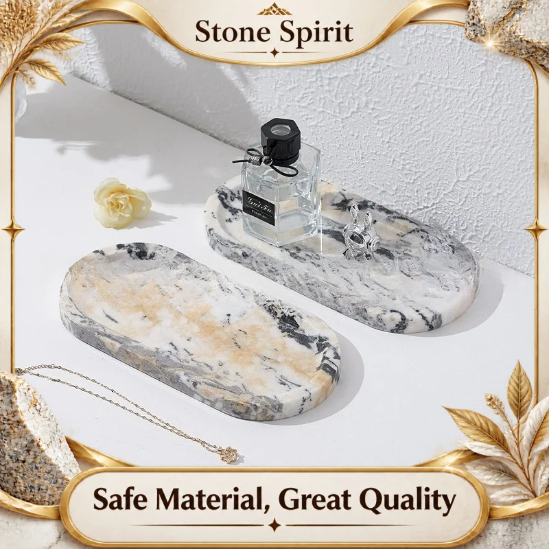 Ancient Chinese Ink Painting Marble Tray, Handcrafted Oval Stone Organizer for Jewelry Keys, Entryway Vanity Decor, Unique Home