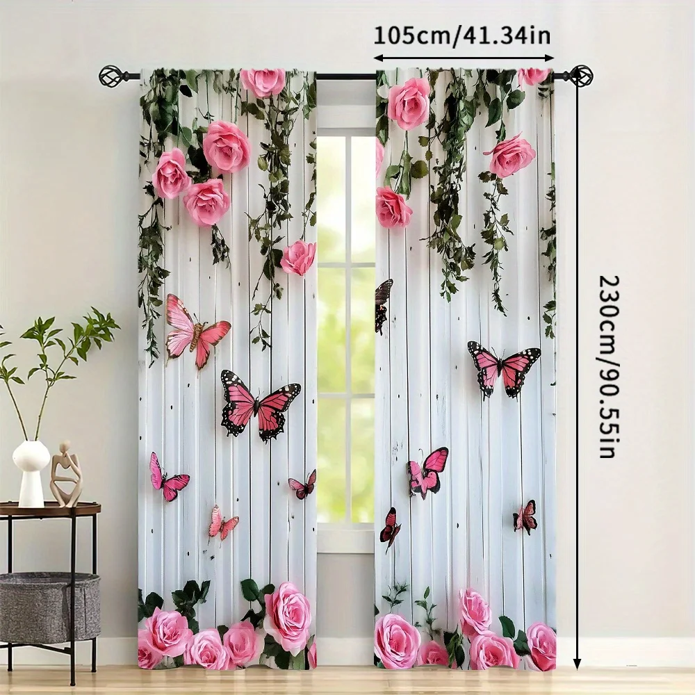 2pcs Set Butterfly & Pink Rose Blackout Curtains - Heat Insulating, Privacy Enhancing Translucent Drapes for Bedroom, Living Roo