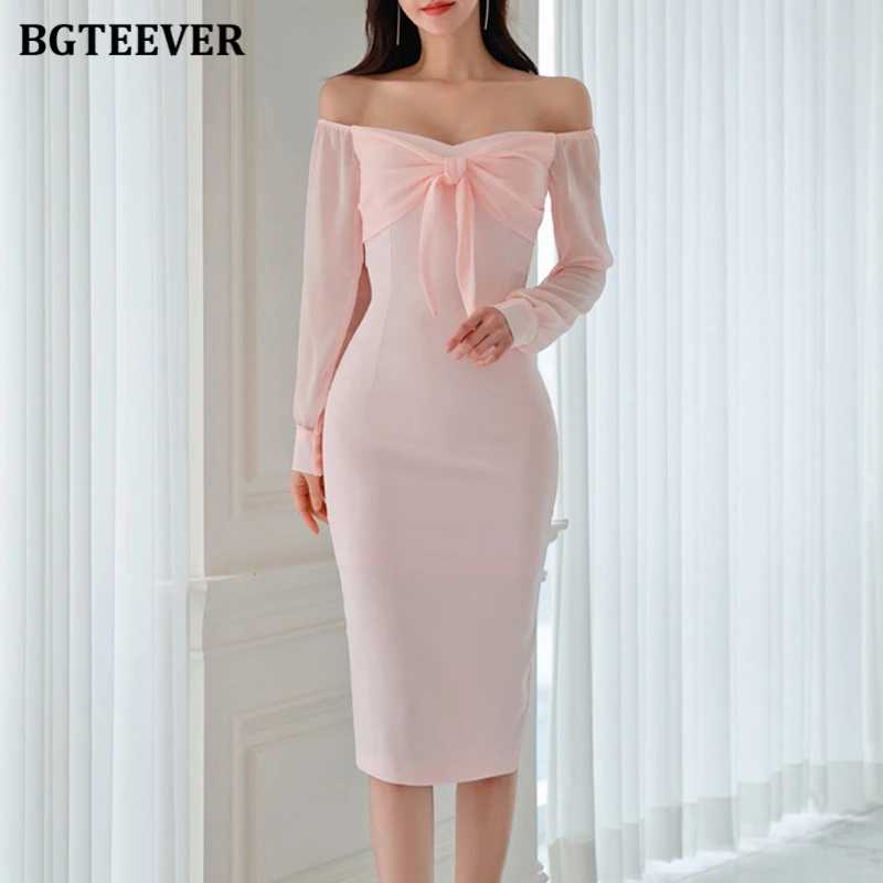 

BGTEEVER Summer Long Sleeve V-neck Bow Dress for Women Elegant Slim Waist Mid-length Bodycon Dress Female