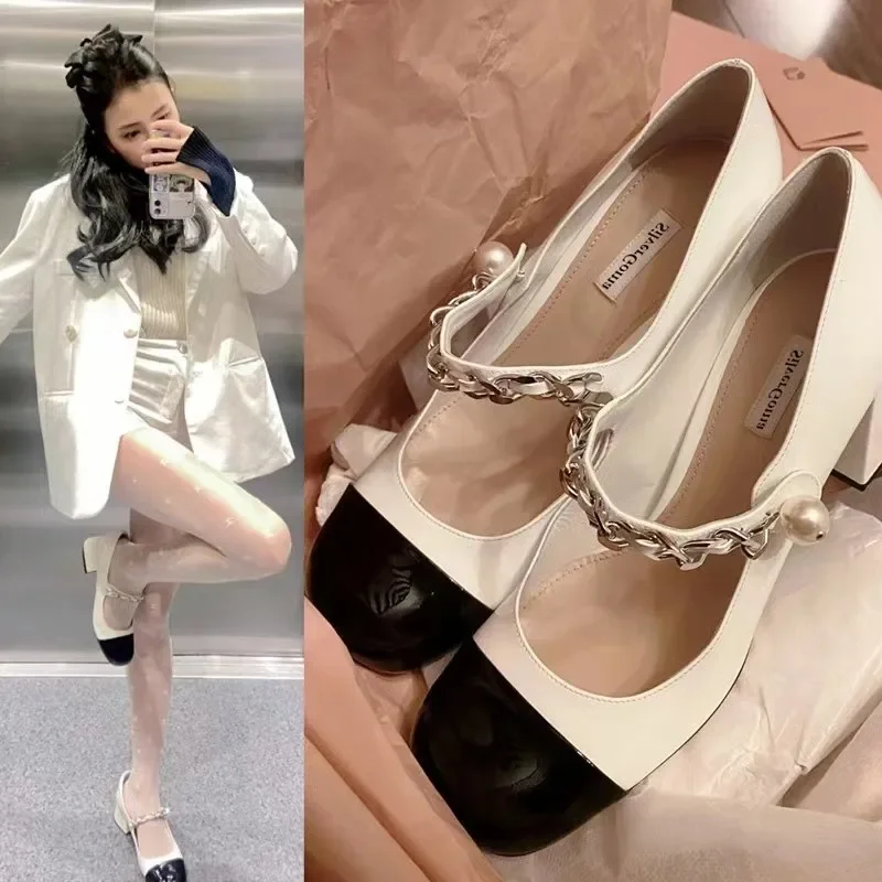 Black White Patent Leather Shoes for Women Single Shoe Women\'s High Heel Chunky New Spring High Heels New In Pumps