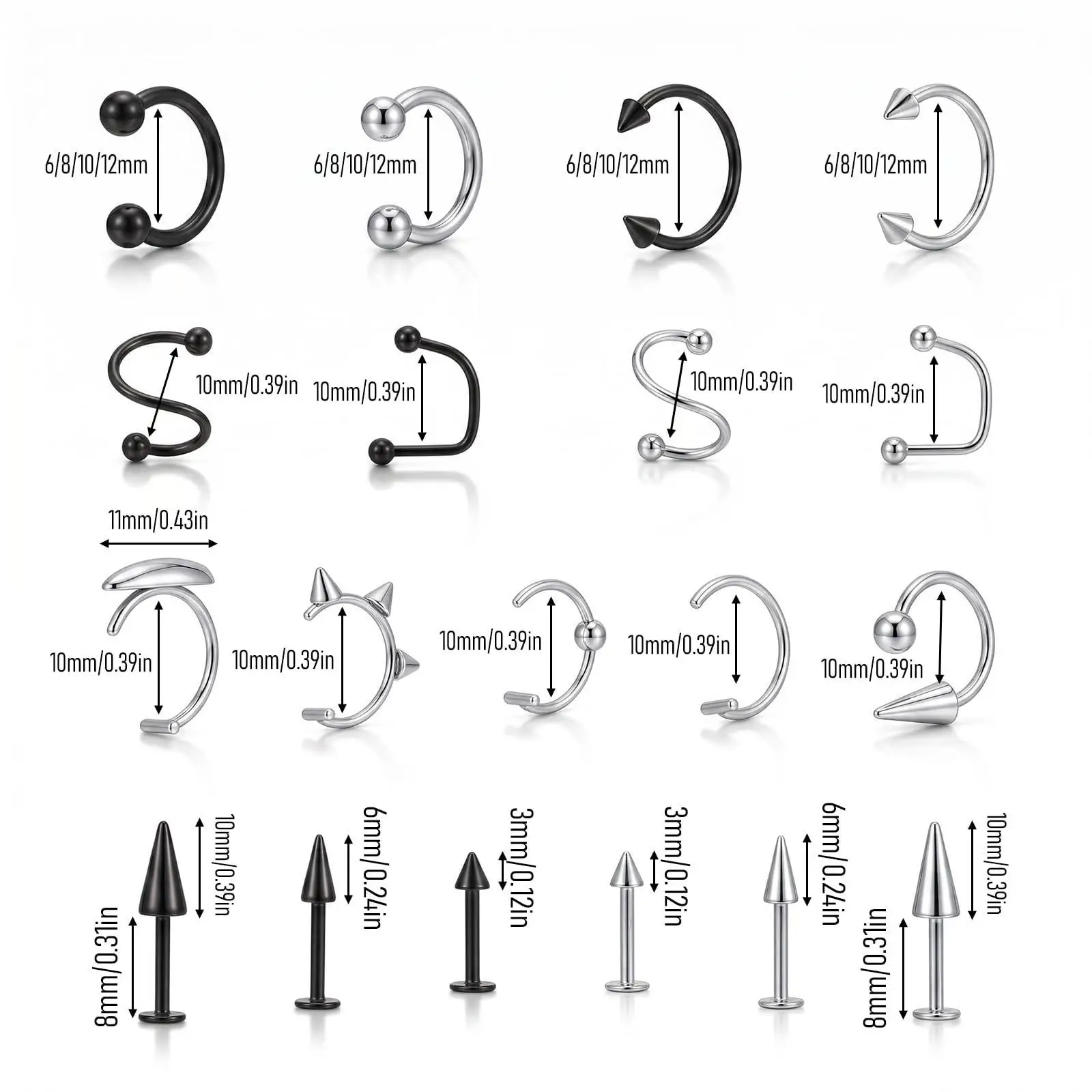 36pcs Stainless Steel Lip Rings Snake Bite Barbell Spike Ball Labret Stud CZ Horseshoe Nose Ring Stud Hoop Piercing Jewelry