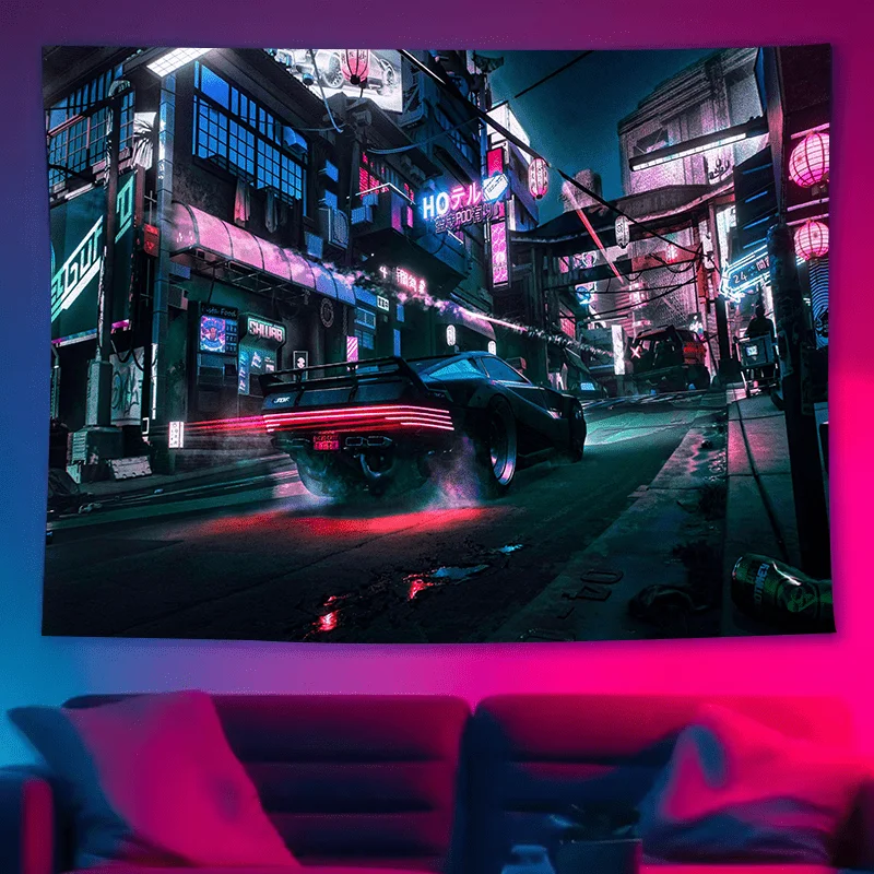 Cyberpunk City Tapestry with Neon Lights and Futuristic Car for a Vibrant Home Decor