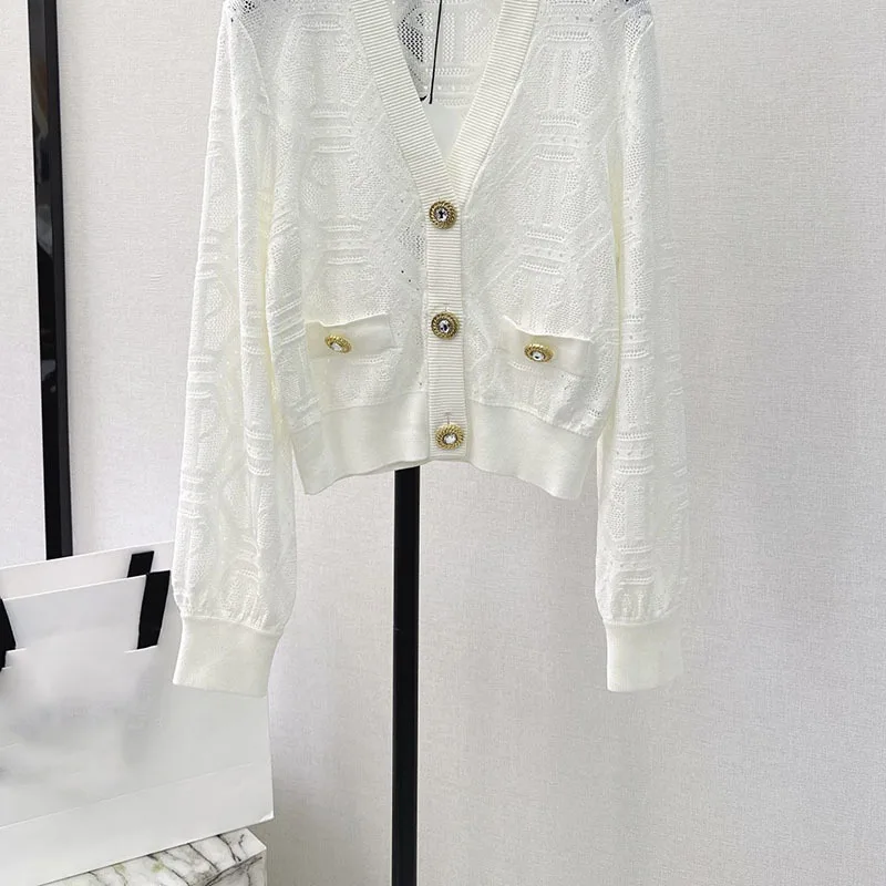 

Women's Classic Jacquard Hollow Knit Cardigan Elegant 2 Color Long Sleeve V Collar Soft Elastic Sweater Fashion New 24
