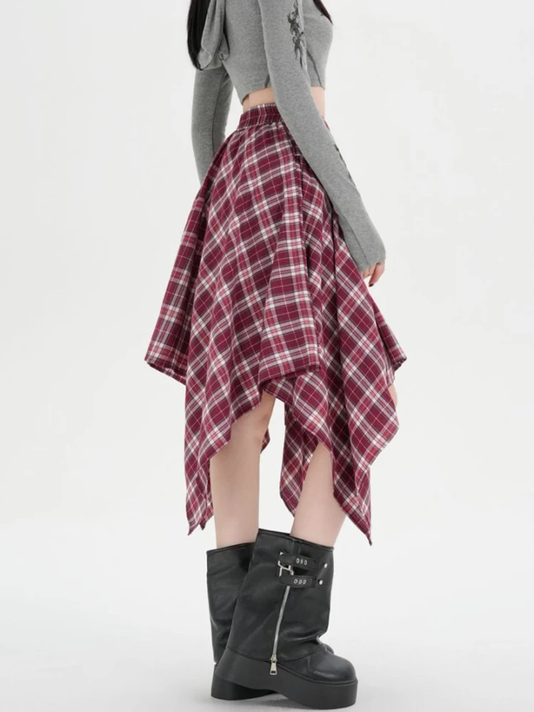 الوافدين الجدد الرجعية منقوشة المرأة غير النظامية تنورة مع ضمادة الخريف موضة فضفاضة عالية الخصر مربوط ميدي التنانير سيدة