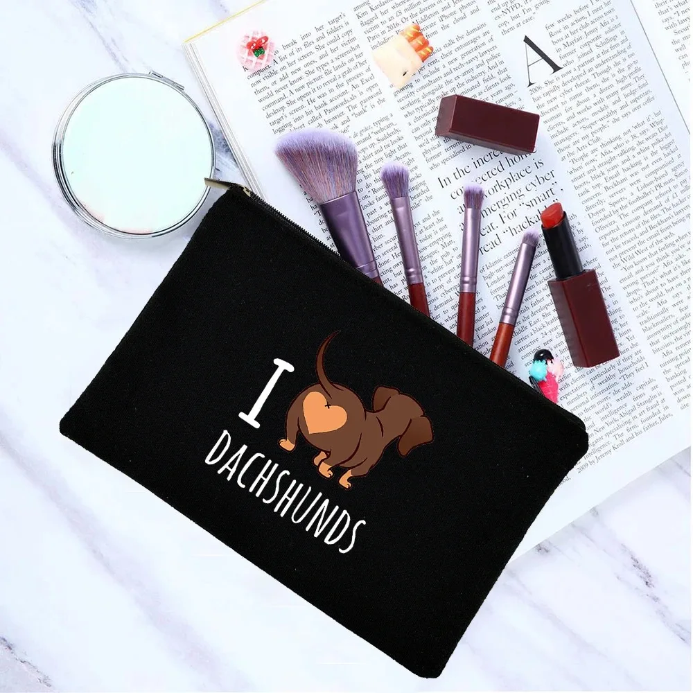 I Love Dachshund Canvas Cosmetic Bag Zipper Toiletry Pouch Dog Mom Life Makeup Organizer Aesthetic Harajuku Storage Cloth Bags