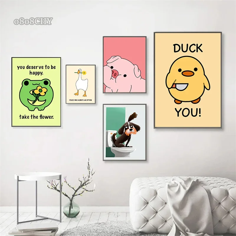 Funny Meme Goose Duck Frog Pig Posters and Prints Canvas Wall Art Pictures Funny Home Bathroom Room Decor Painting Cartoom Mural