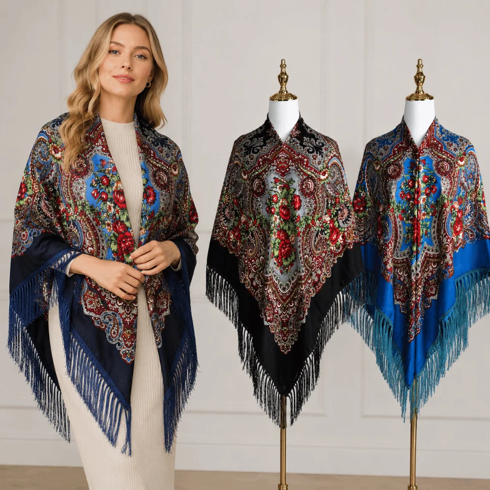 Russian Style 160x160cm Square Scarf Floral Print Cotton Shawl Wrap Tassel Extra Large Fringed Scarf Travel Use