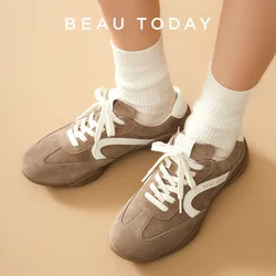 BEAUTODAY Casual Sneakers Women Genuine Cow Suede Cow Leather Solid Color Trainer Lace-up Ladies Flat Shoes Handmede 29916