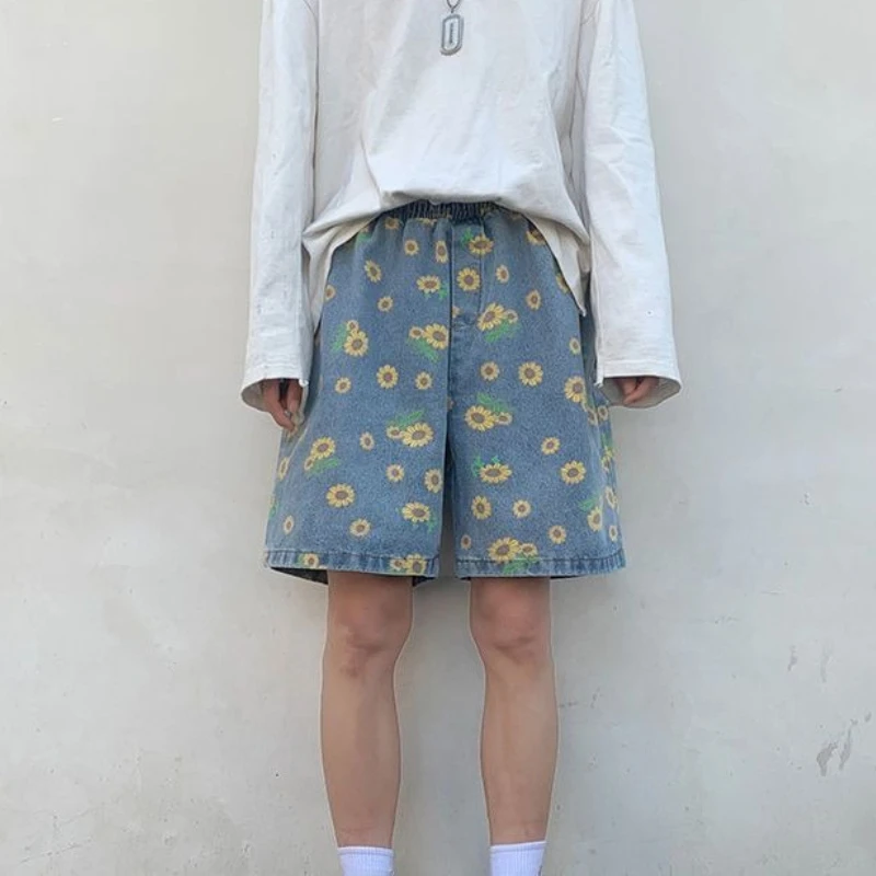 Summer Men's Denim Shorts with Light Colored Daisy Pattern Straight Cut Relaxed Fit Adjustable Waist Mid-Length Street Fashion