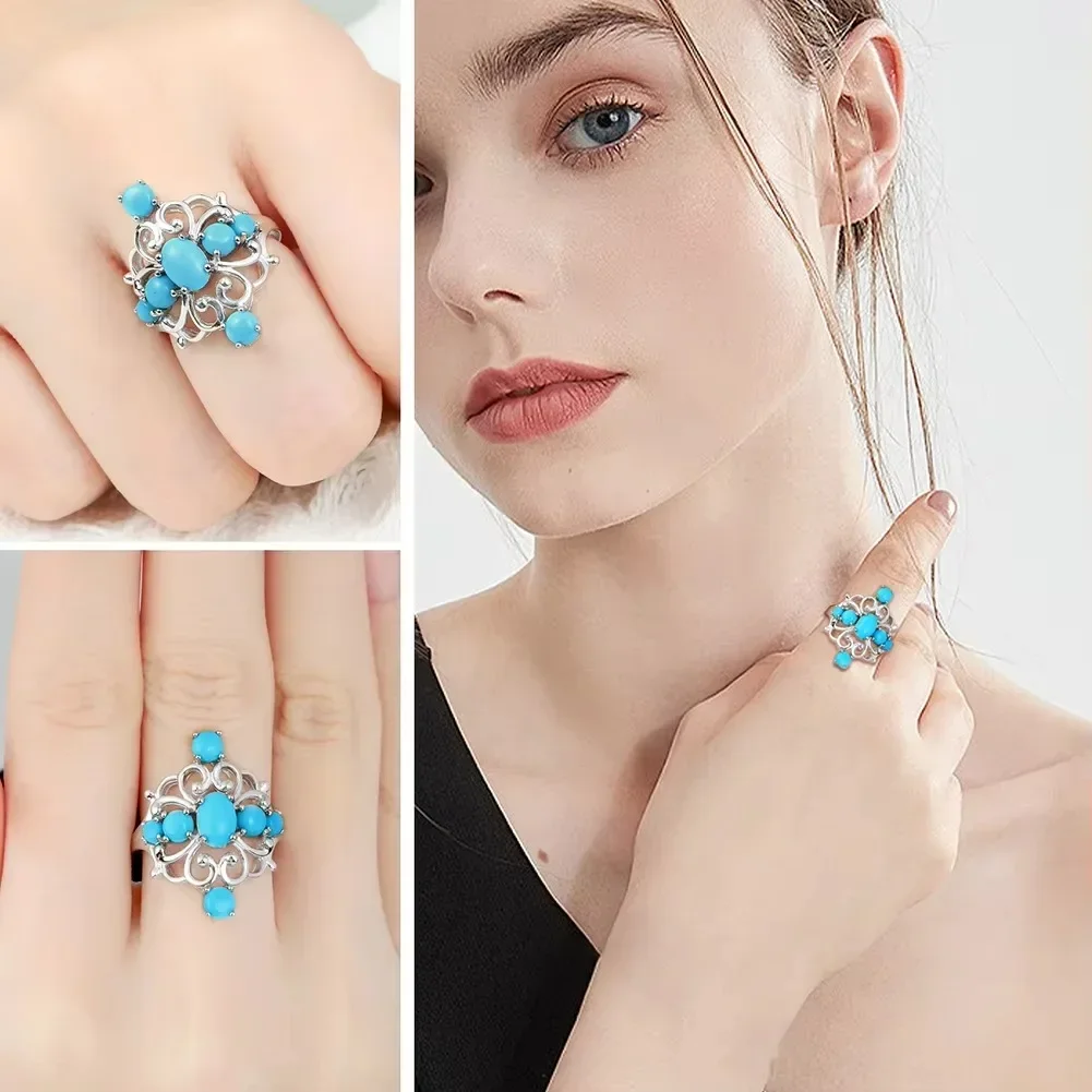 GZ ZONGFA Original 925 Sterling Silver Rings for women Seven Natural Turquoise Ring 1.5 Carats Rhodium Plated Fine Jewelry